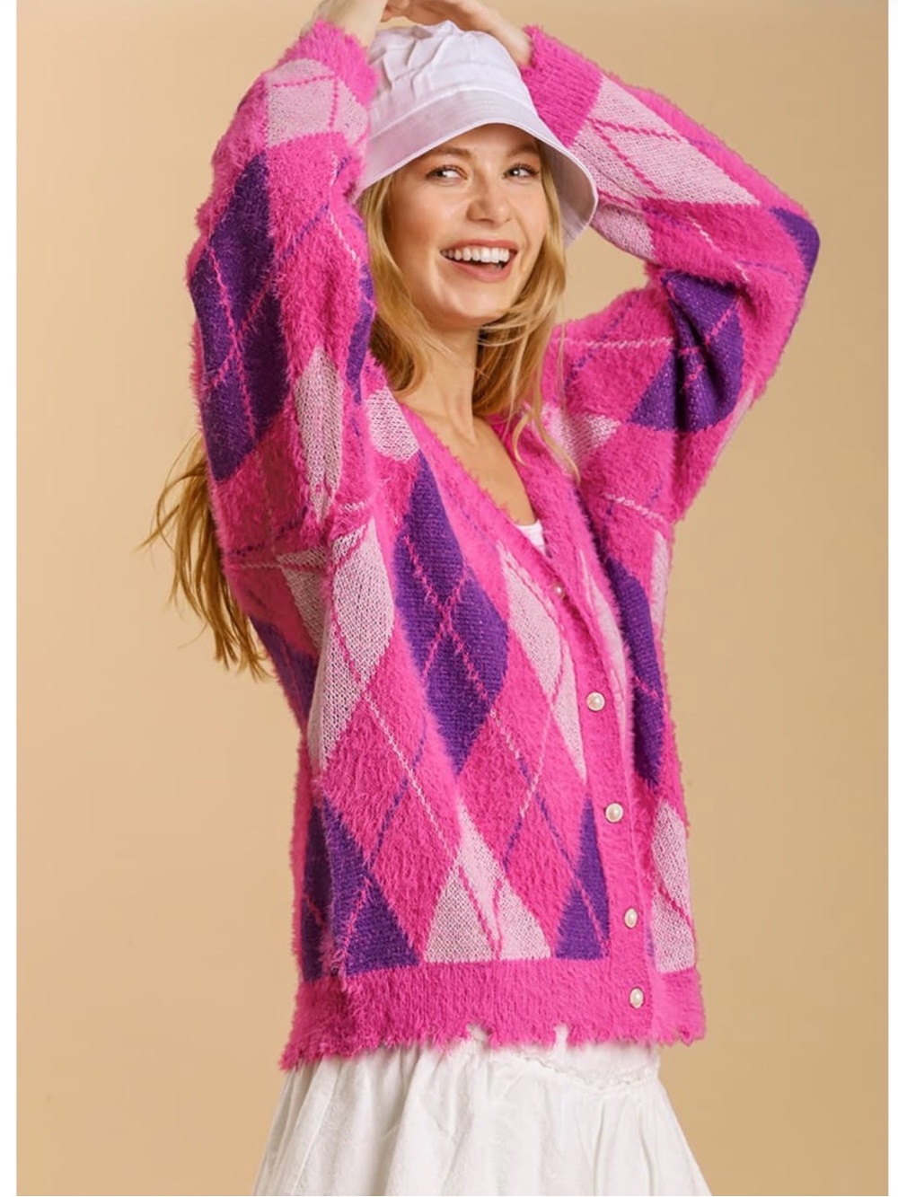 Umgee Pink & Purple Argyle Fuzzy Button-Up Cardigan